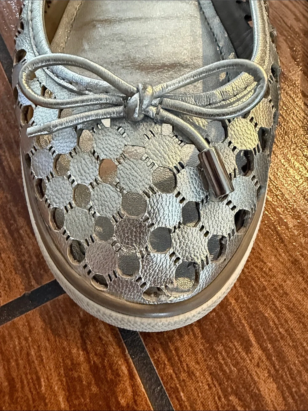 Tory Burch Silver Laser-Cut Bow Ballet Flats